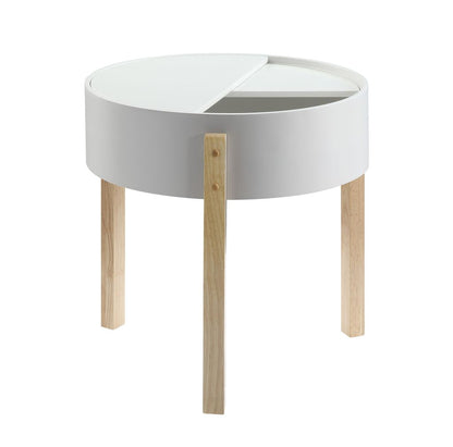 Round Wooden End Table with Hidden Storage, White and Brown - View 2