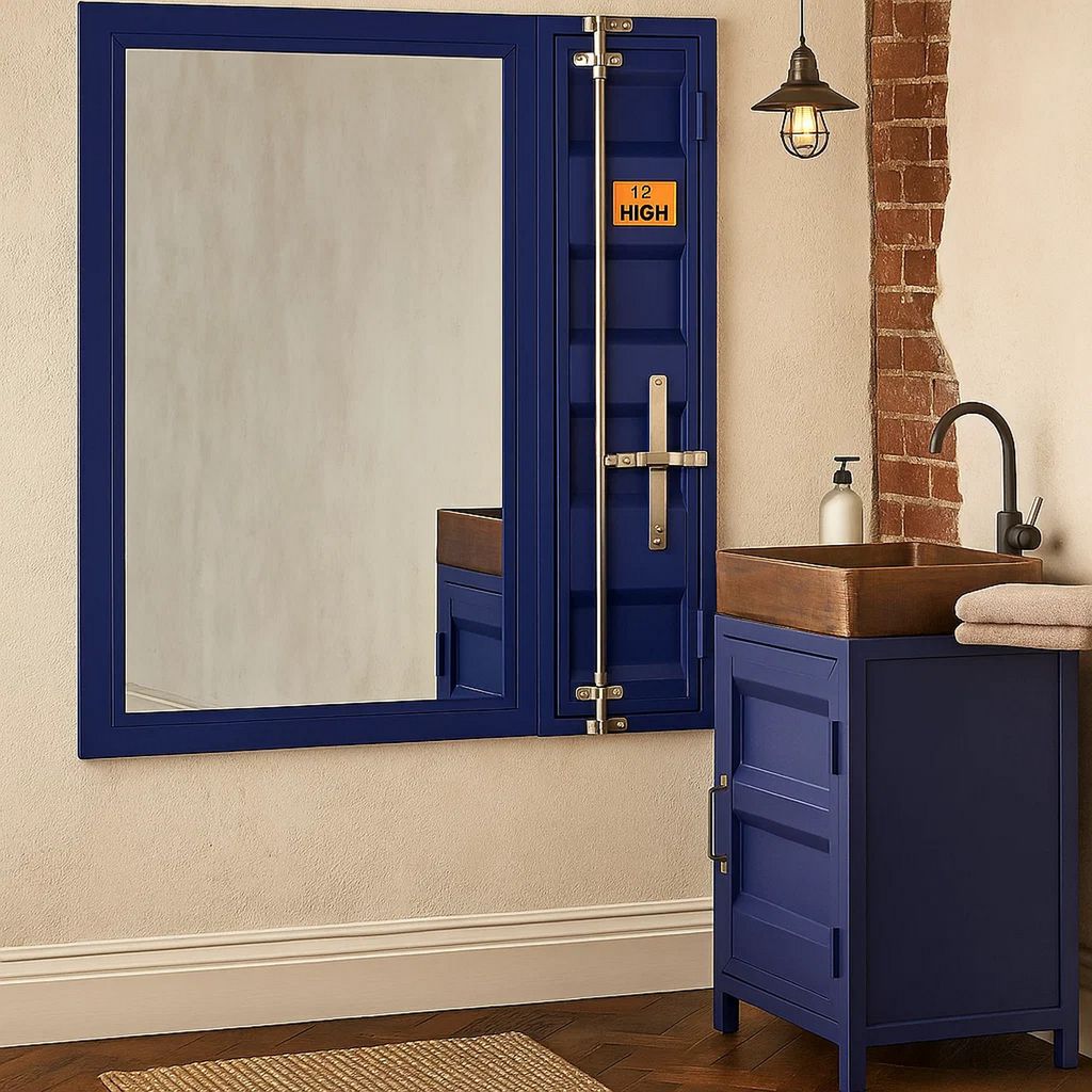 Industrial Style Metal Vanity Mirror with Recessed Door Front, Blue - View 7