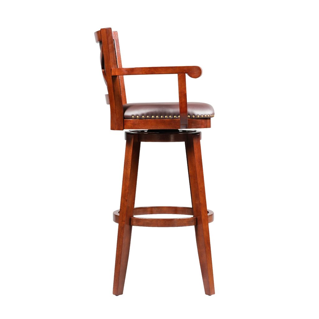 Hugo 34 Inch Swivel Barstool, Wood, Open Rolled Arms, Bonded Leather, Brown - View 5