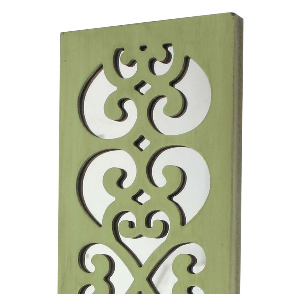 Quatrefoil Pattern Wooden Candle holder Set of 2 with Mirror Insert, Green - View 2