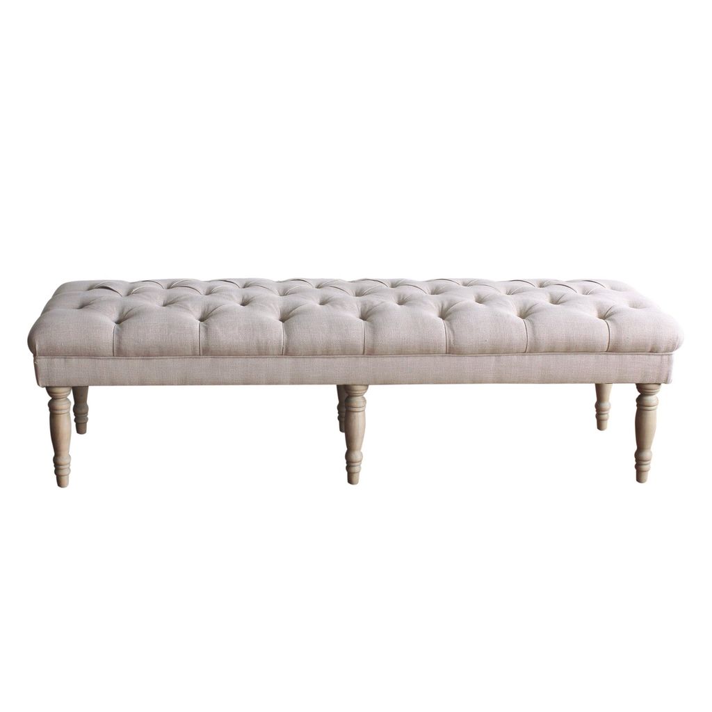 Wooden Bench with Button Tufted Fabric Upholstered Seat and Turned Legs, Cream - View 3