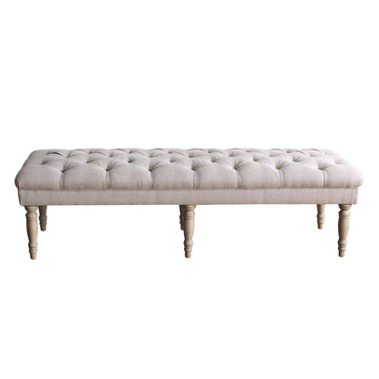 Wooden Bench with Button Tufted Fabric Upholstered Seat and Turned Legs, Cream - View 3