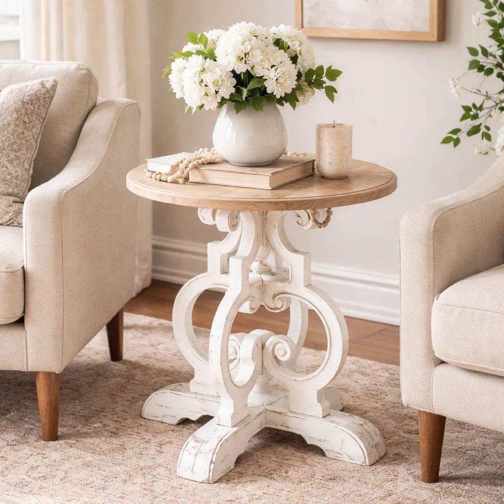 36 Inch Round Table, Classic, Sculptural Base, Wood, Modern, White, Brown - View 7