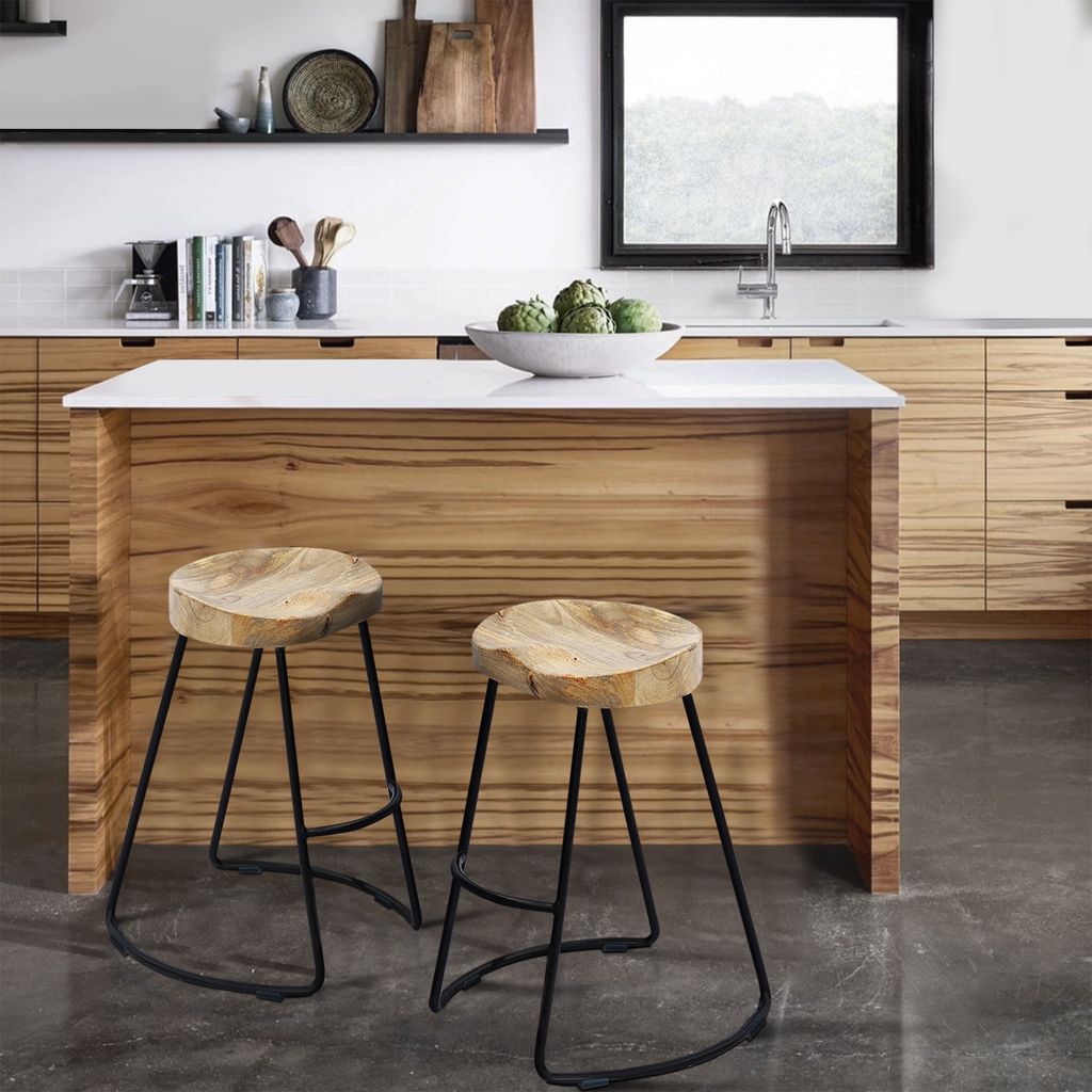 Ela 24 Inch Mango Wood Industrial Counter Height Stool, Saddle Seat, Iron, Set of 2, Brown, Black - View 7