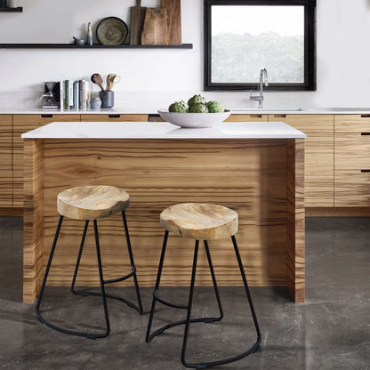 Ela 24 Inch Mango Wood Industrial Counter Height Stool, Saddle Seat, Iron, Set of 2, Brown, Black - View 7