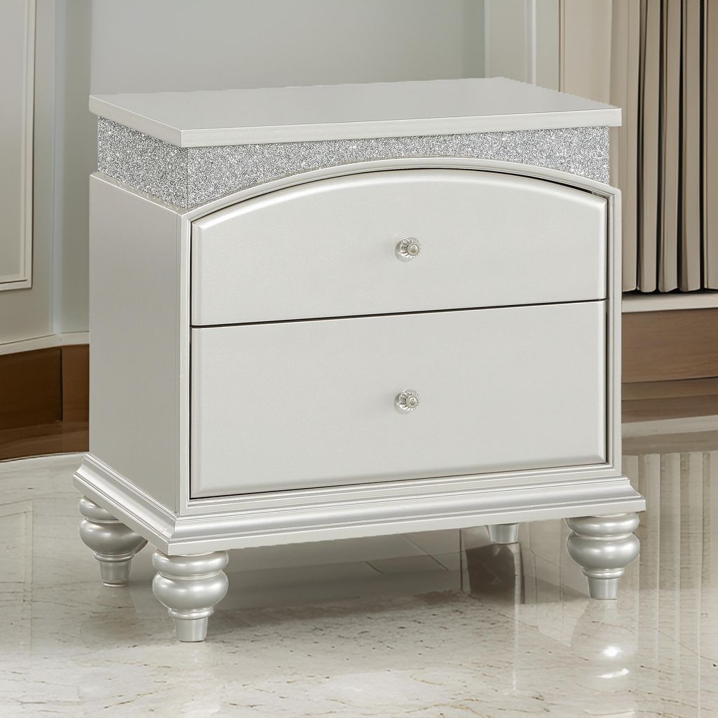 Modern Style 2 Drawer Wooden Nightstand with Rhinestone Inlays, Silver - View 7