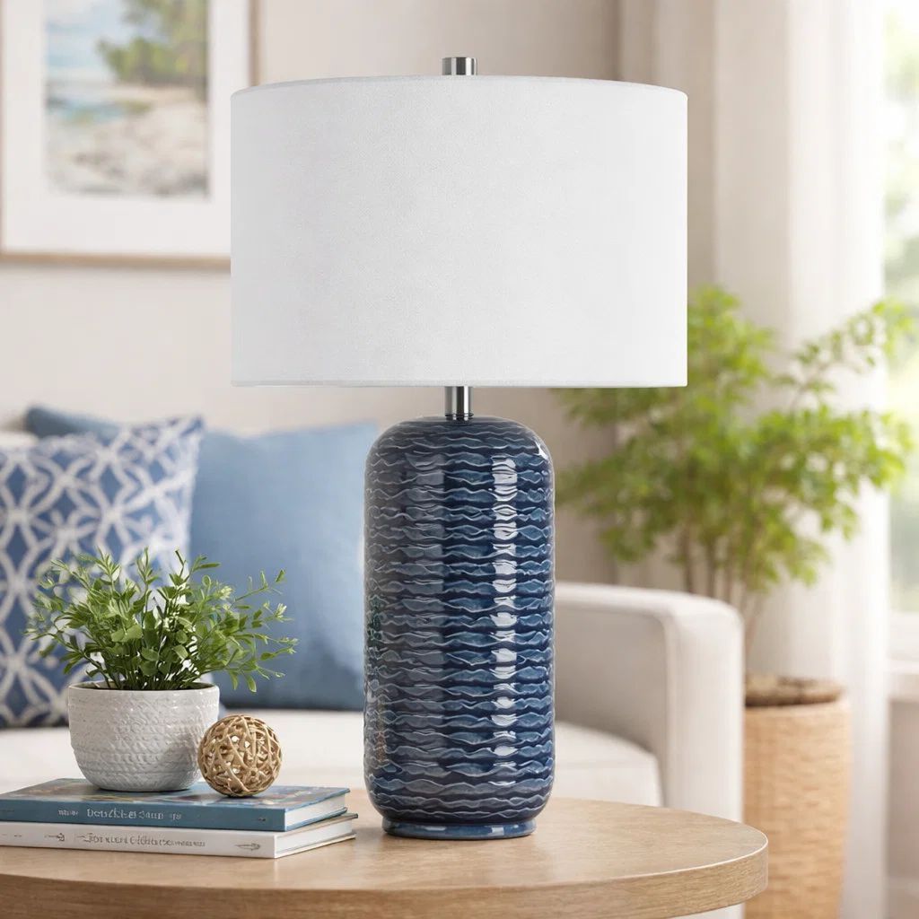 27 Inch Ceramic Table Lamp, Wavy Texture, Blue, Silver, White - View 7