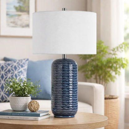 27 Inch Ceramic Table Lamp, Wavy Texture, Blue, Silver, White - View 7