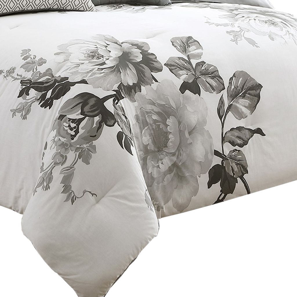 7 Piece Cotton King Comforter Set with Floral Print, Gray and White - View 5