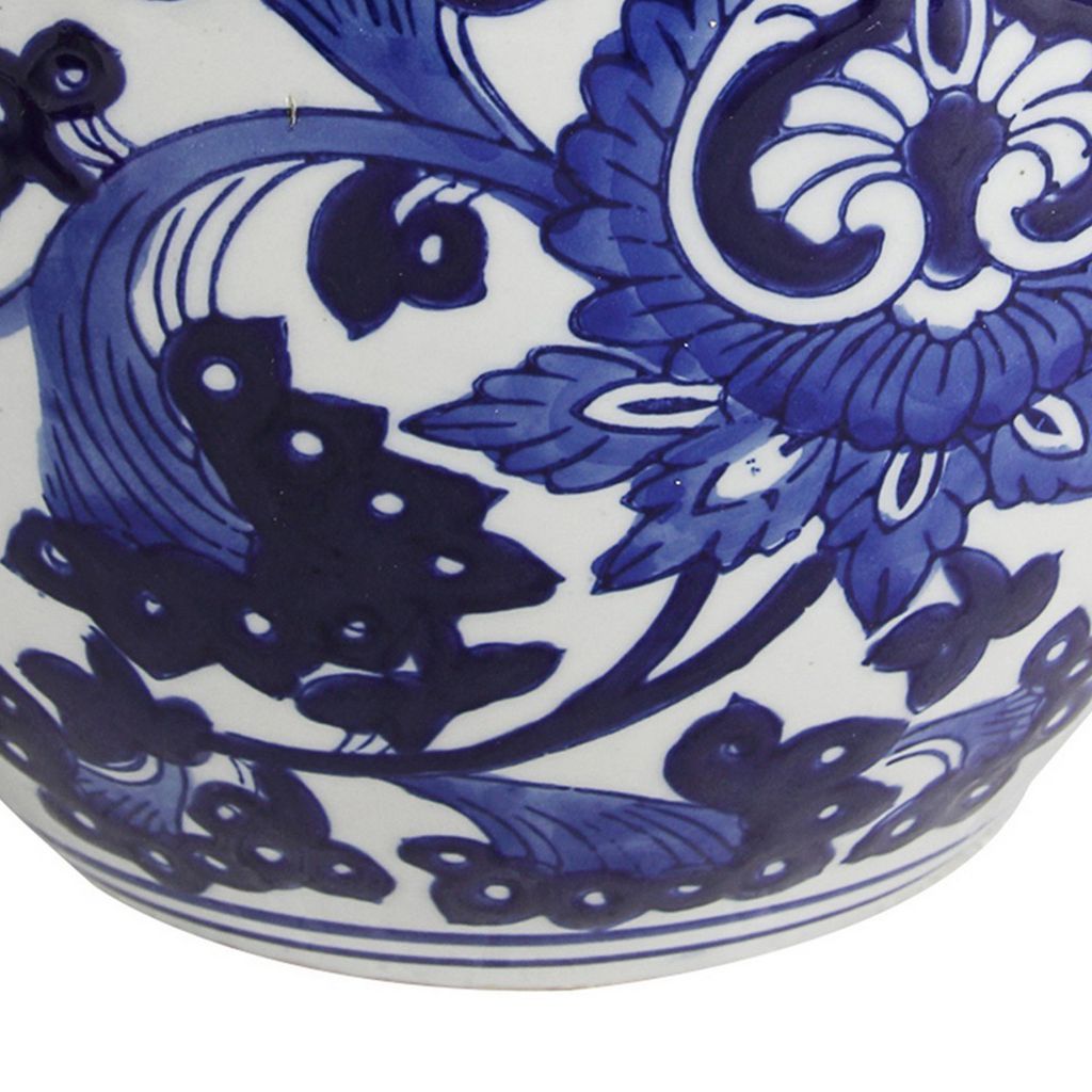 10 Inch Lidded Jar, Round Persian Floral Print, Blue and White Porcelain - View 4
