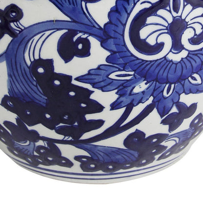 10 Inch Lidded Jar, Round Persian Floral Print, Blue and White Porcelain - View 4