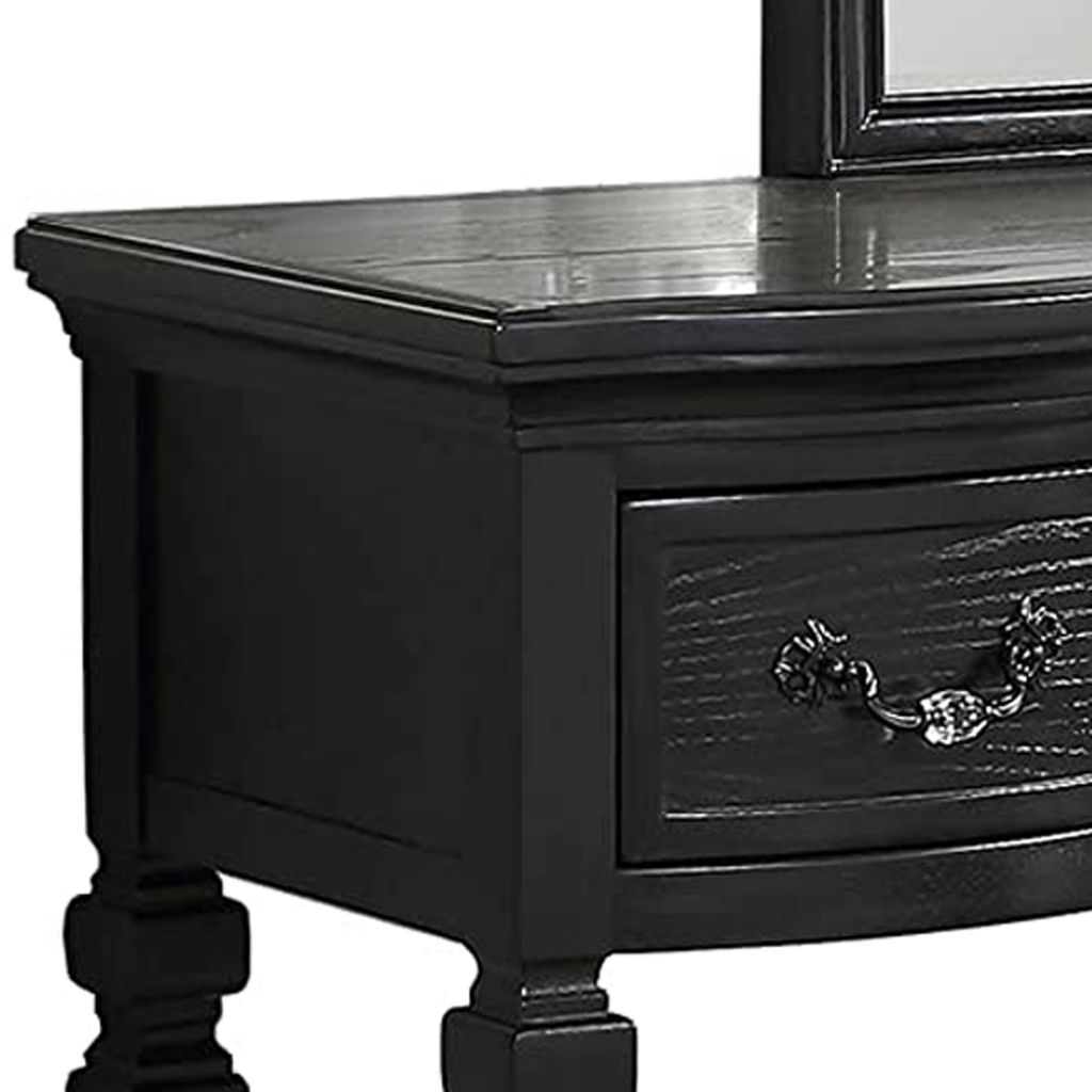 3 Piece Vanity Set with Carved Mirror and Turned Legs, Black - View 3