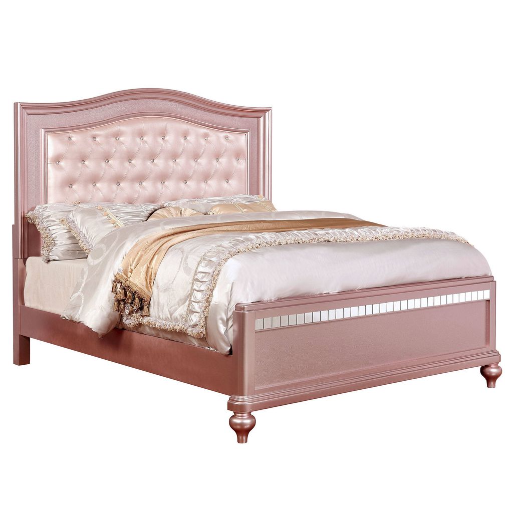 Full Size Wooden Bed With Mirror Trim Details and Camelback Headboard, Pink