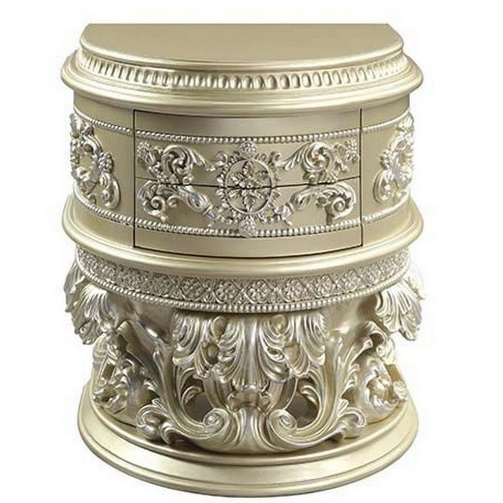 Nightstand with Scrolled Carvings and Half Moon Shape, Champagne Silver - View 3