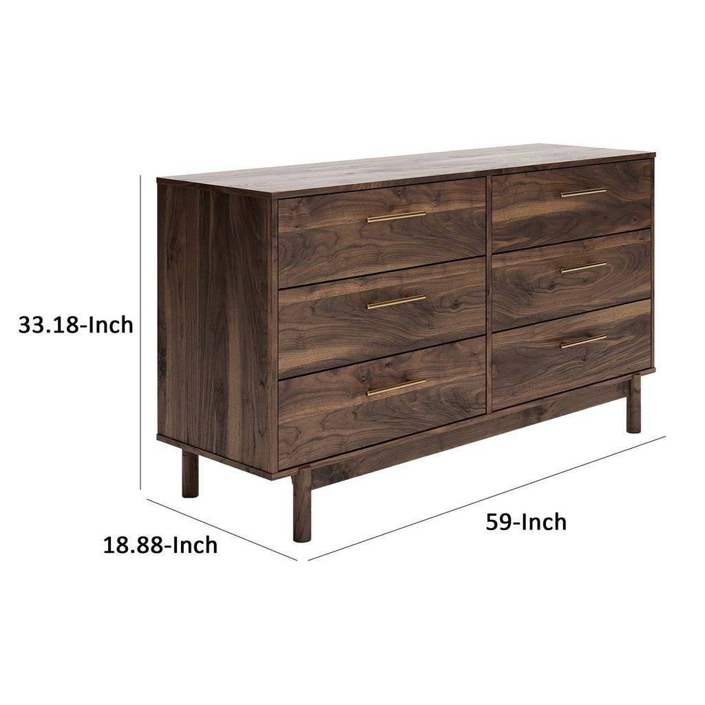 Kip 59 Inch Modern Dresser, Brown Wood Frame, 6 Drawers, Gold Metal Handles - View 5
