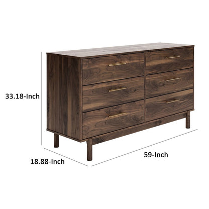 Kip 59 Inch Modern Dresser, Brown Wood Frame, 6 Drawers, Gold Metal Handles - View 5