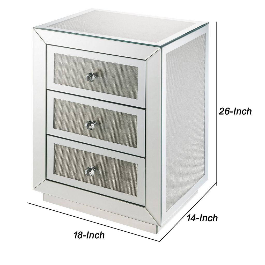 3 Drawer Mirrored Accent Table with Faux Diamond Inlay, Silver - View 5