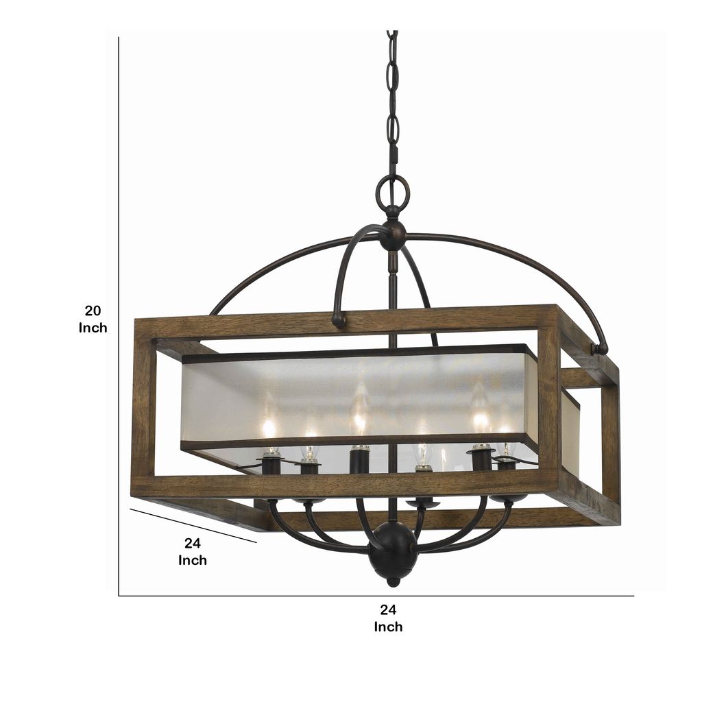 6 Bulb Square Chandelier with Wooden Frame and Organza Striped Shade, Brown - View 5