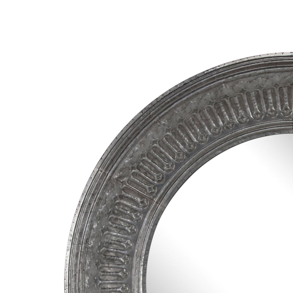 Round Wall Mirror with Thick Embossed Metal Border, Antique Gray - View 2