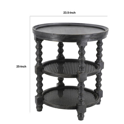 Jake 25 Inch 3 Tier Side Table, Fir Wood, 2 Woven Wicker Shelves, Black - View 5