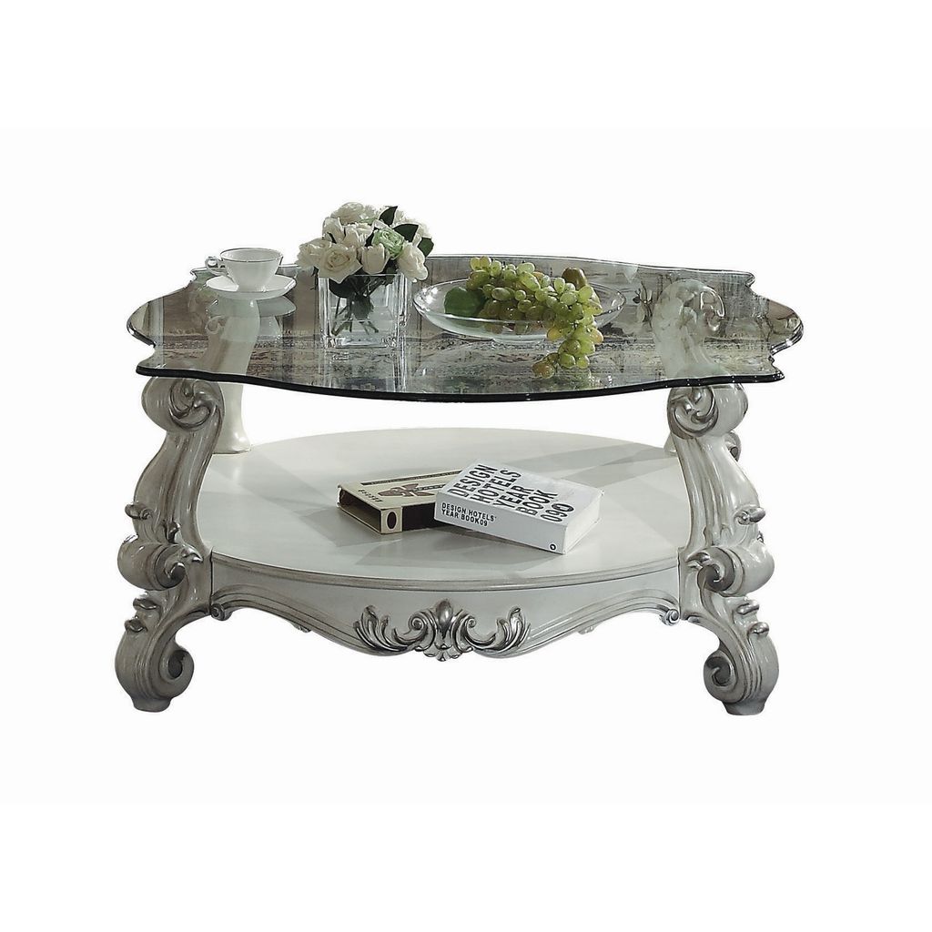Curved Glass Top Coffee Table with Open Shelf, White