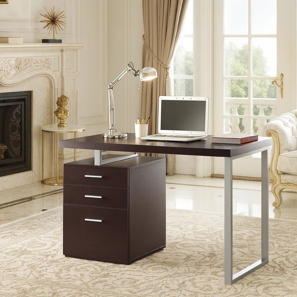 Contemporary Style Office Desk with File Drawer, Brown - View 7