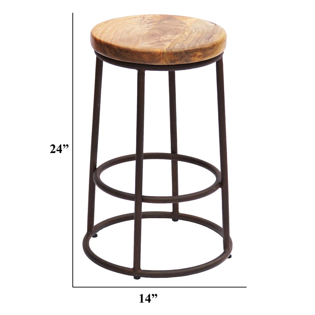 24 Inch Mango Wood Counter Height Barstool With Iron Base, Brown And Black - View 4