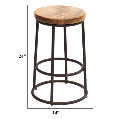 24 Inch Mango Wood Counter Height Barstool With Iron Base, Brown And Black - View 4