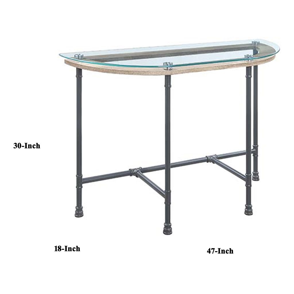 Wood Side Table, Oval Tempered Glass Top, Metal Pipe Style Legs, Clear Glass, Sandy Gray - View 6