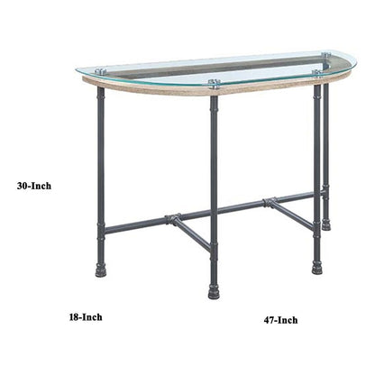 Wood Side Table, Oval Tempered Glass Top, Metal Pipe Style Legs, Clear Glass, Sandy Gray - View 6