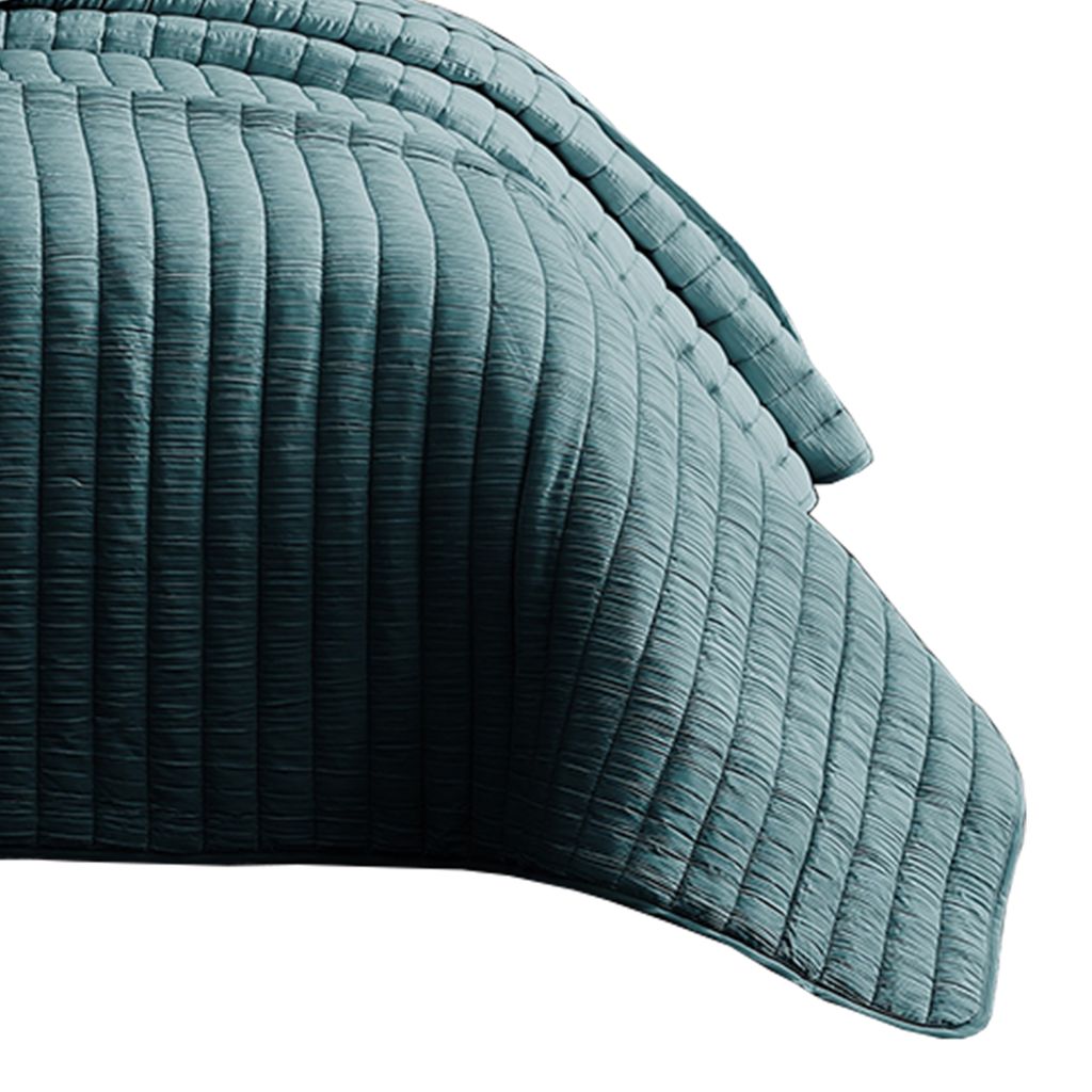 3 Piece Crinkle King Coverlet Set with Vertical Stitching, Turquoise Blue - View 4
