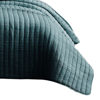 3 Piece Crinkle King Coverlet Set with Vertical Stitching, Turquoise Blue - View 4