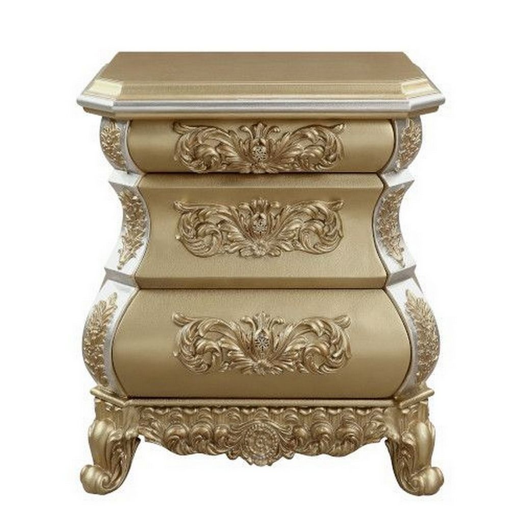 Nightstand with Bombe Shaped and 3 Carved Drawers, Gold - View 3