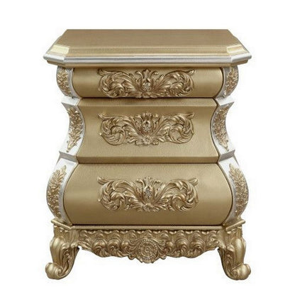Nightstand with Bombe Shaped and 3 Carved Drawers, Gold - View 3