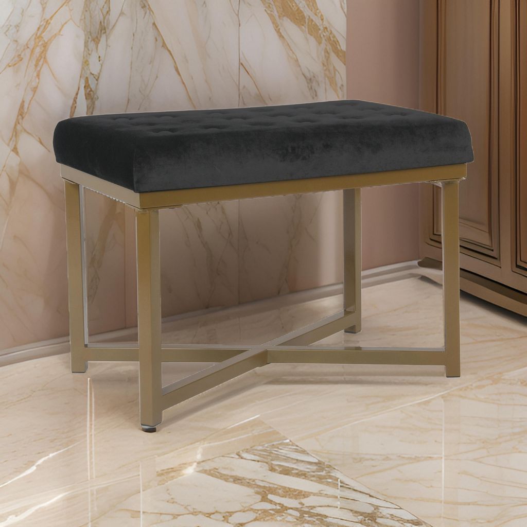 Metal Framed Ottoman with Button Tufted Velvet Upholstered Seat, Black and Gold - View 7