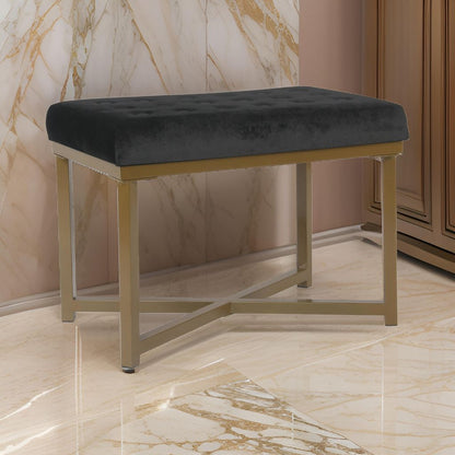 Metal Framed Ottoman with Button Tufted Velvet Upholstered Seat, Black and Gold - View 7