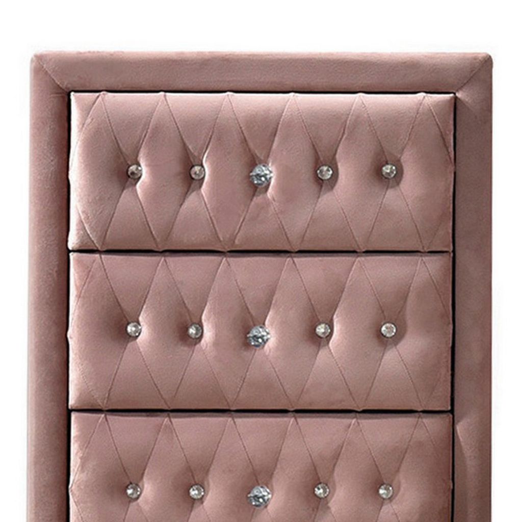 Rex 38 Inch Tall Upholstered Dresser Chest, 4 Drawer, Crystal Handles, Pink - View 3