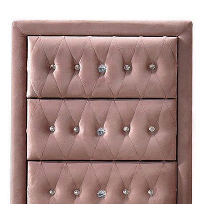 Rex 38 Inch Tall Upholstered Dresser Chest, 4 Drawer, Crystal Handles, Pink - View 3