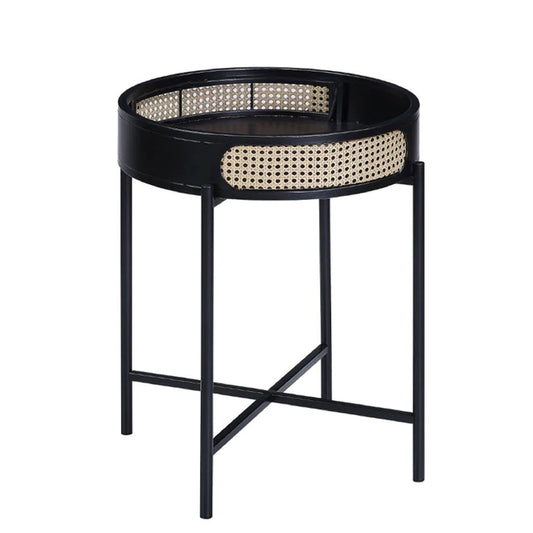 Bert 24 Inch Round End Table, Rattan Apron Accent, Metal Legs, Black