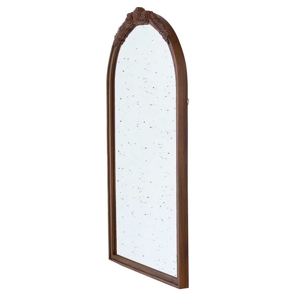 Eel 42 Inch Wall Mirror, Brown Arched Wood Frame, Hand Carved Rose Accent - View 2