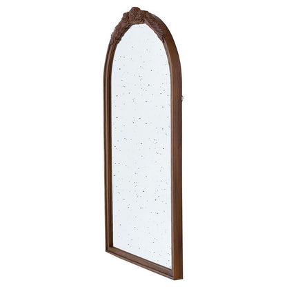 Eel 42 Inch Wall Mirror, Brown Arched Wood Frame, Hand Carved Rose Accent - View 2
