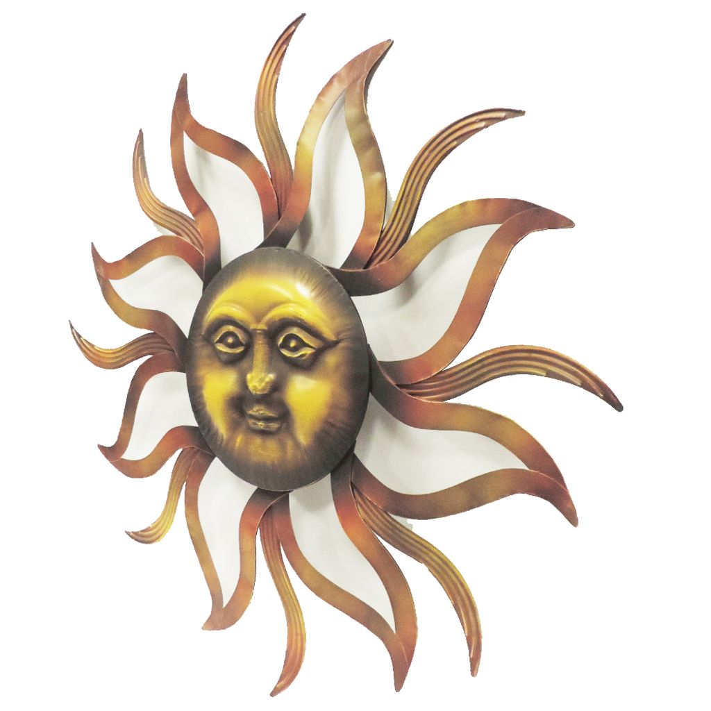 35 Inch Round Wall Mounted Sun Face Accent Decor, Carved Rustic Gold and Black Metal - View 3