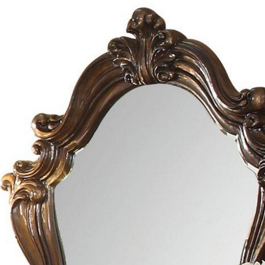 Scroll and Molded Wooden Mirror with Carved Details, Cherry Brown - View 3