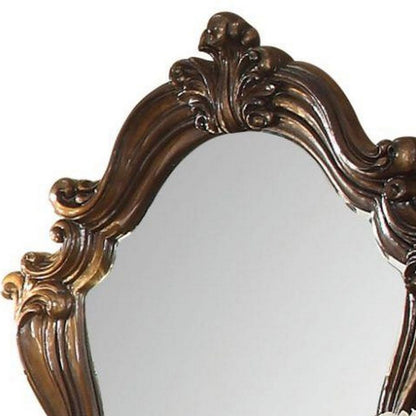 Scroll and Molded Wooden Mirror with Carved Details, Cherry Brown - View 3