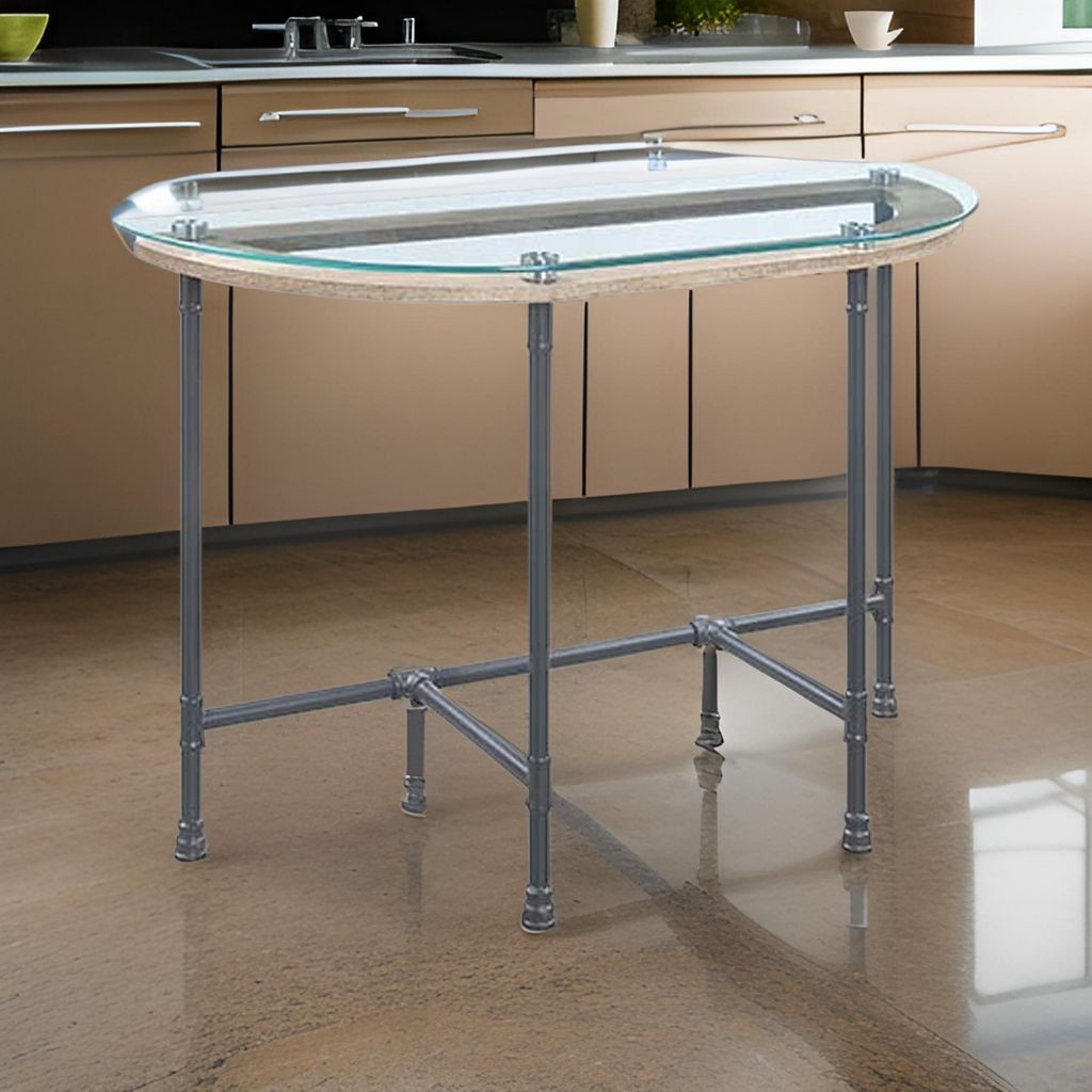 Wood Side Table, Oval Tempered Glass Top, Metal Pipe Style Legs, Clear Glass, Sandy Gray - View 7
