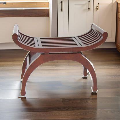 Curved Design Mission Style Stool with Slatted Seating, Brown - View 7