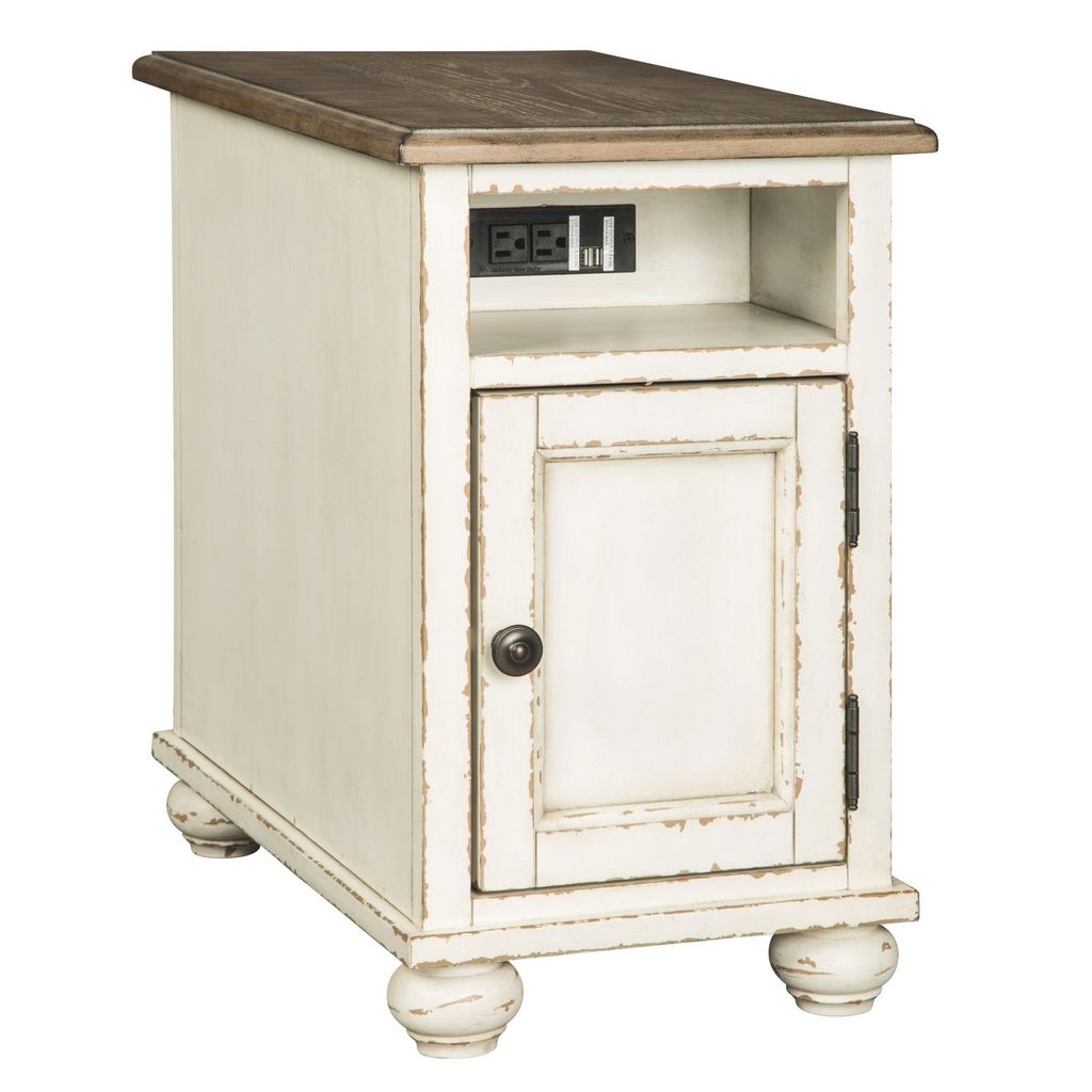 Wooden Chairside End Table with Door, Brown and Antique White