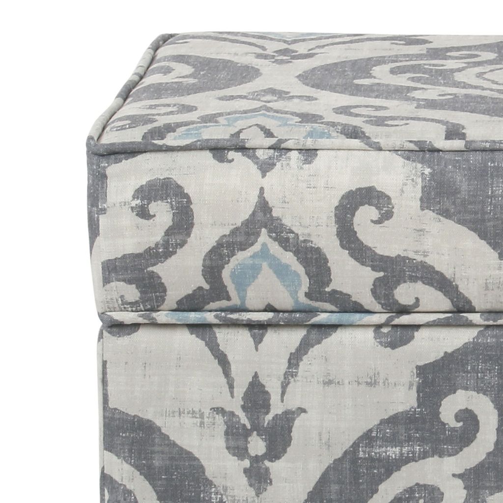 Wooden Ottoman with Patterned Fabric Upholstery and Hidden Storage, Gray and Blue - View 3