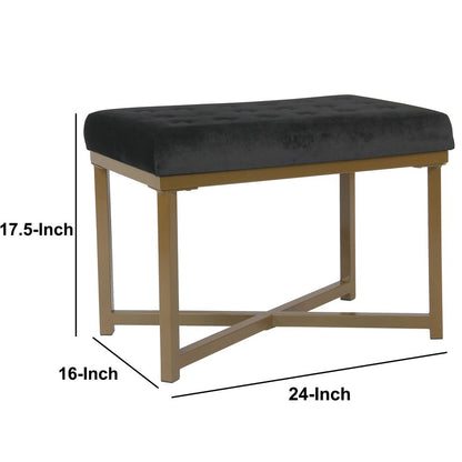 Metal Framed Ottoman with Button Tufted Velvet Upholstered Seat, Black and Gold - View 6