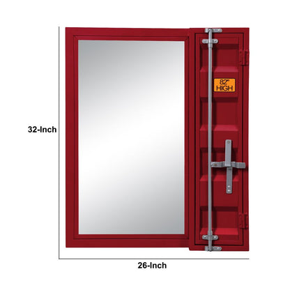 Industrial Style Metal Vanity Mirror with Recessed Door Storage, Red - View 6
